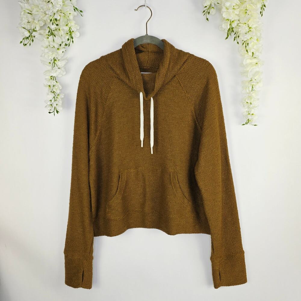 Aerie OFFLINE Hoodie Large Brown Textured Knit Thumbhole Pockets Cozy Athleisure